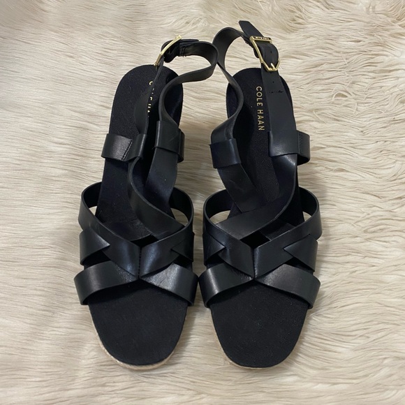 Cole Haan Black Leather Strappy Open Toe Espadrille Crystal Wedge Sandals - Picture 2 of 7